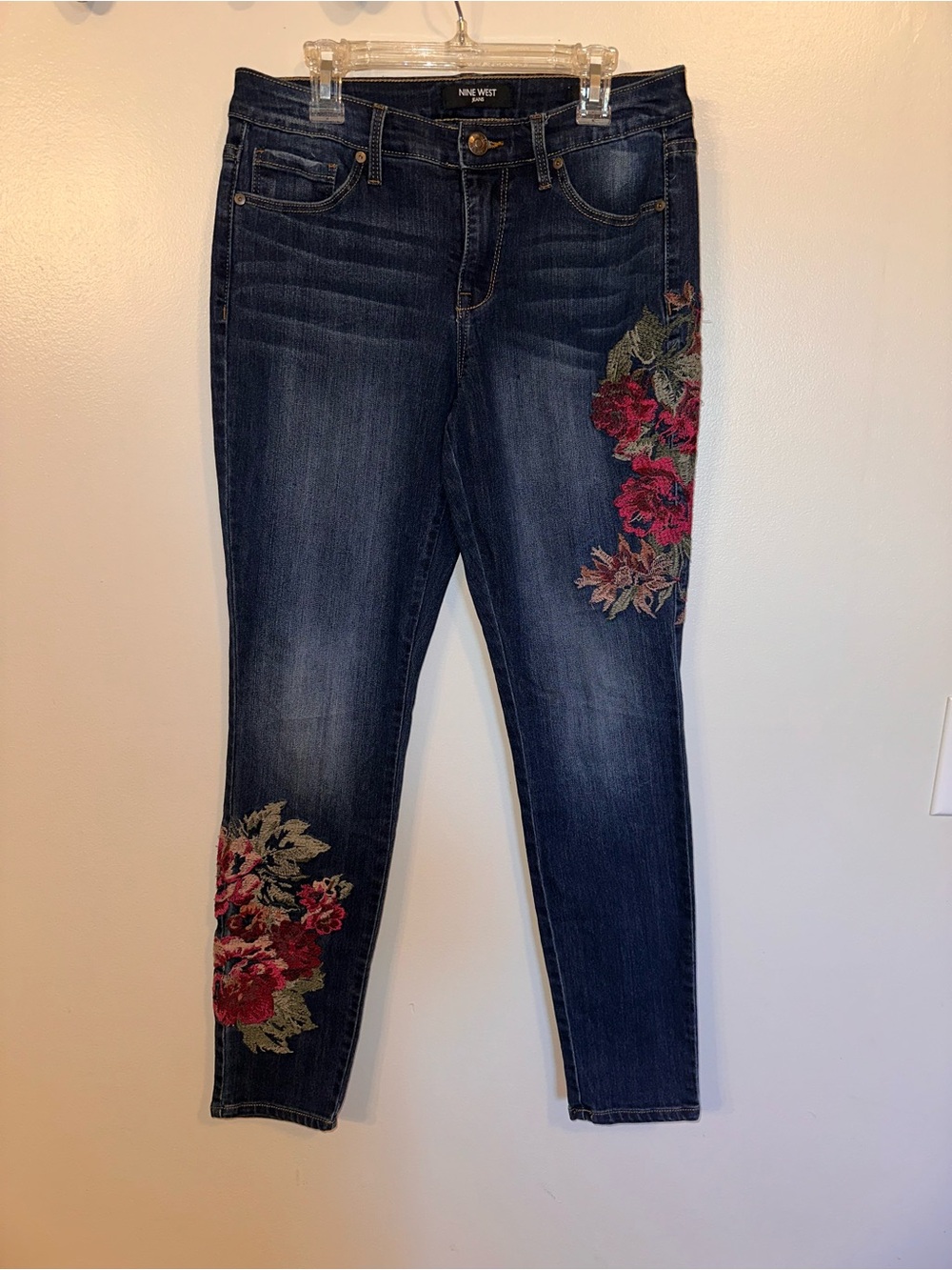 Nine West Dark Blue Skinny Jeans with Red Floral Embroidery